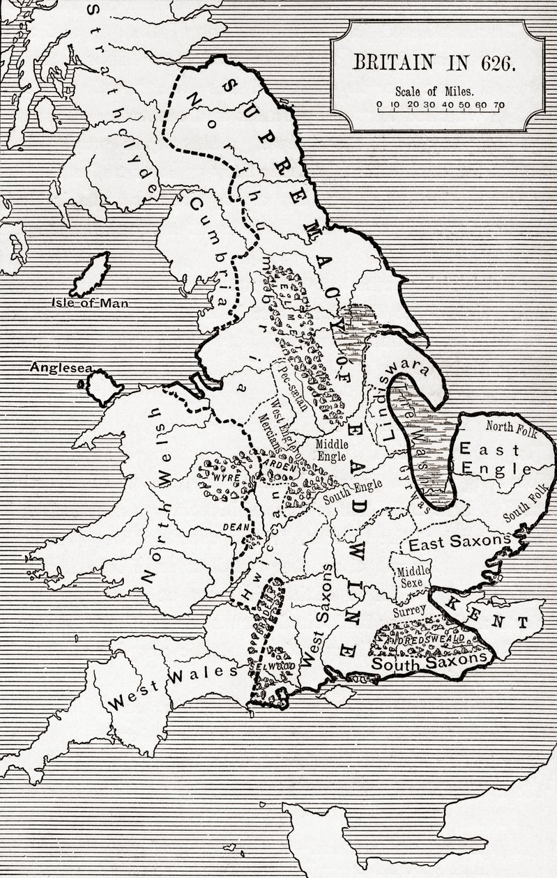 Nagy-Britannia térképe 626-ban, a Northumbriai Királyság 588-tól 685-ig, J. R. Green „A Short History of the English People” című könyvében, 1893-ban. alkotó: English School