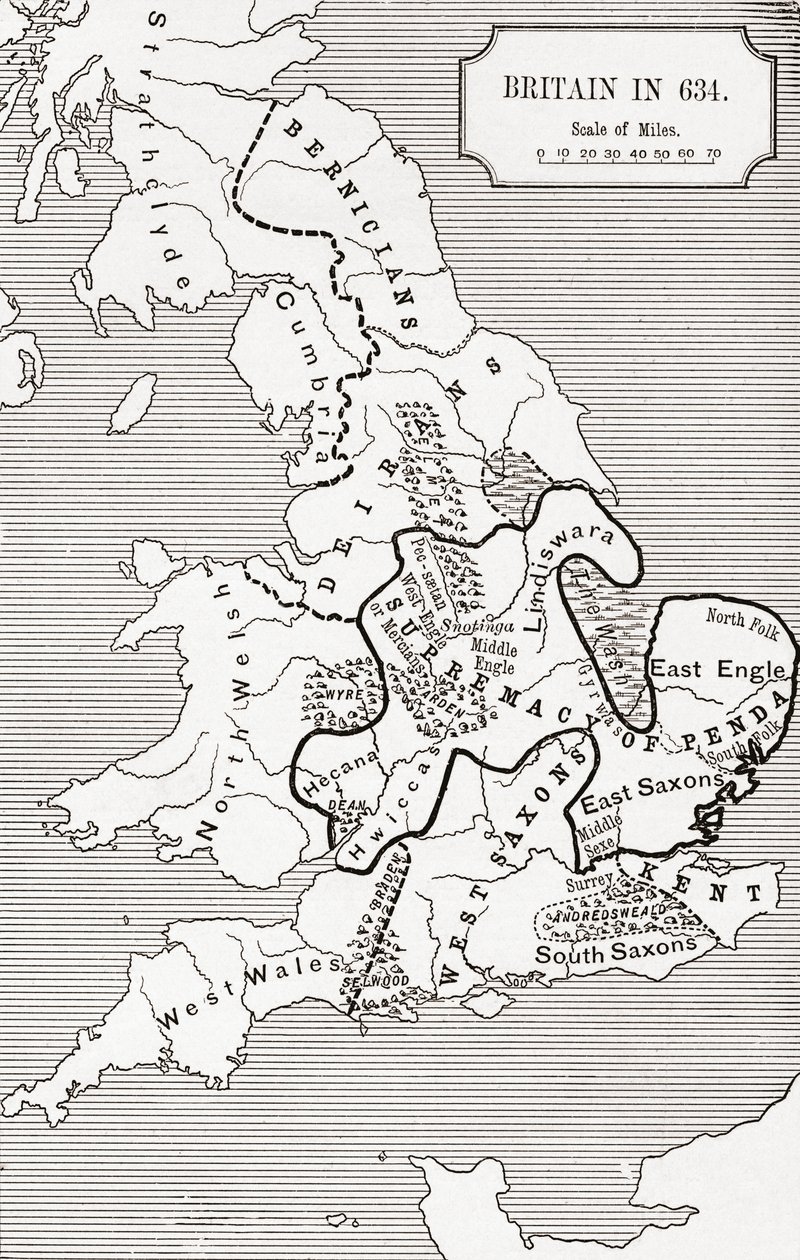 Nagy-Britannia térképe 634-ben, a Northumbriai Királyság 588-tól 685-ig, J. R. Green „A Short History of the English People” című könyvében, 1893-ban. alkotó: English School