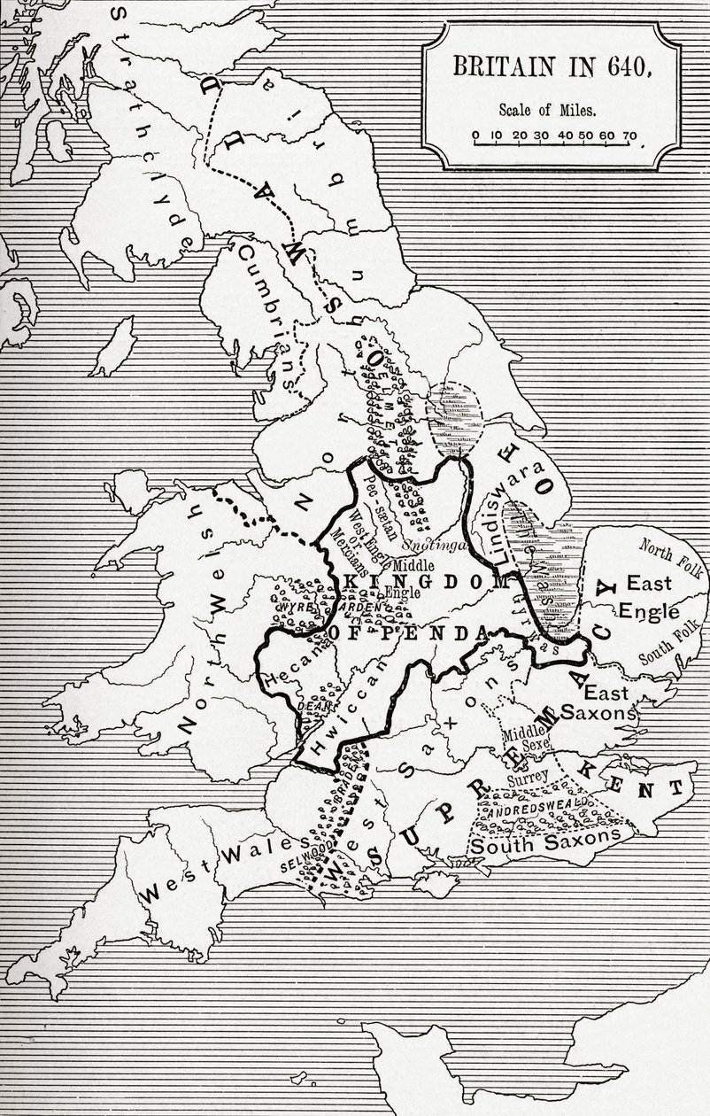 Nagy-Britannia 640-es térképe, a Northumbriai Királyságból J. R. Green „A Short History of the English People” című művéből, 1893-ban alkotó: English School