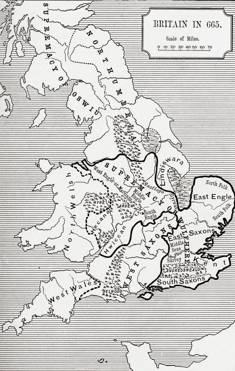 Nagy-Britannia térképe 665-ben, a Northumbriai Királyság 588-tól 685-ig, J. R. Green „A Short History of the English People” című könyvében, 1893-ban. alkotó: English School
