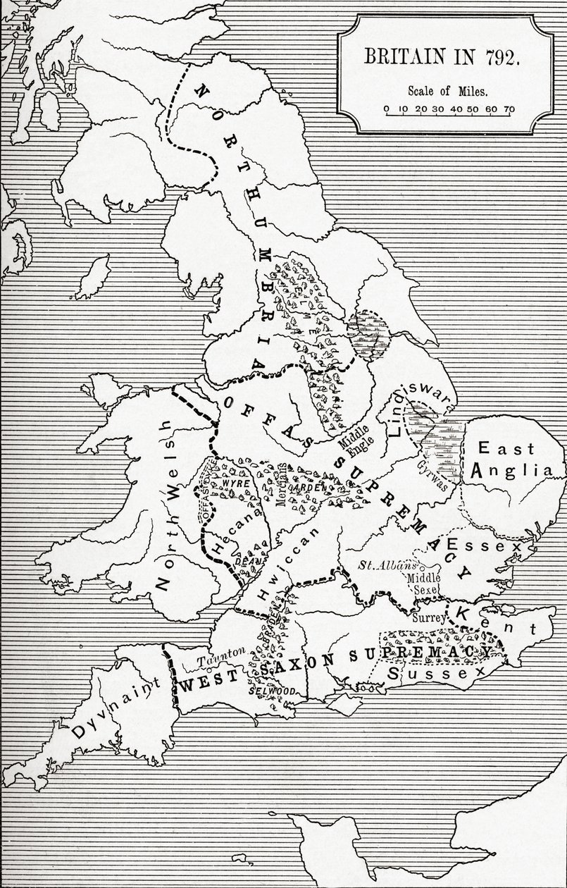 Nagy-Britannia 792-es térképe, a The Three Kingdoms 685-től 828-ig, J. R. Green „A Short History of the English People” című könyvében, 1893-ban. alkotó: English School