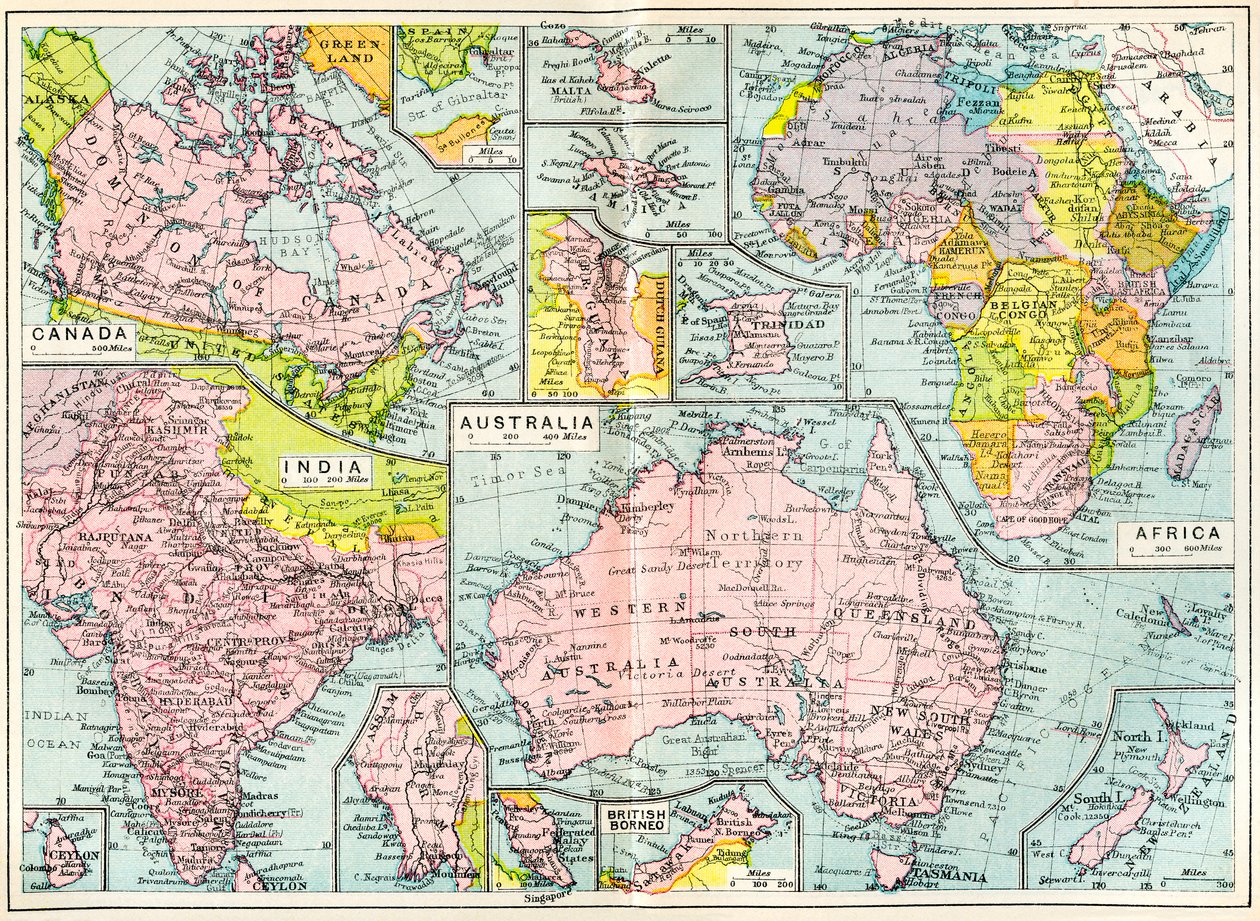 A brit birtokok térképe 1914-ben, az első világháború kitörésekor, a The British Empire Universities Modern English Illustrated Dictionary-ből, pub.1914 alkotó: English School