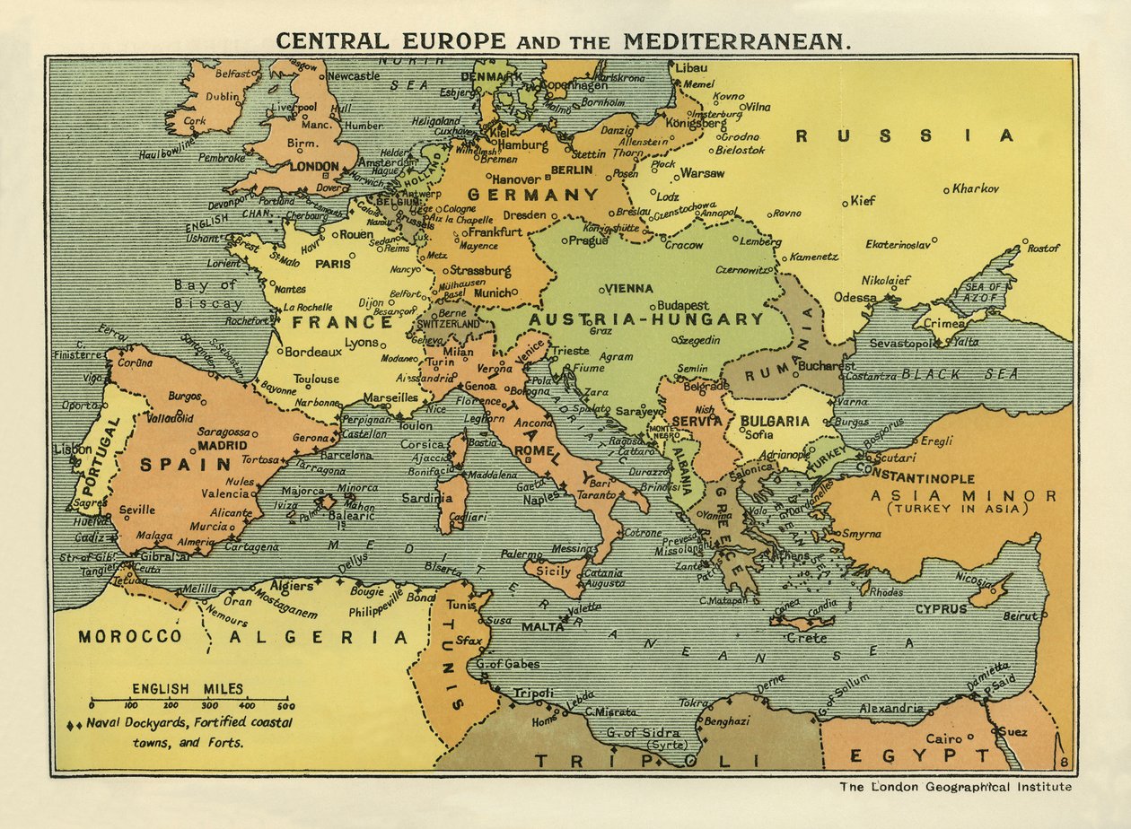 Közép-Európa és a Földközi-tenger térképe, a "The History of the Great European War, Vol. III" (nyomtatás) című kötetből. alkotó: English School
