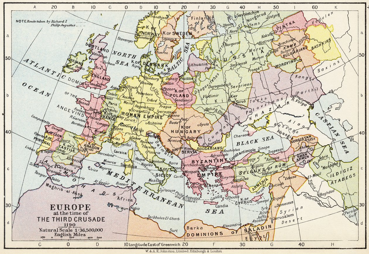 Európa térképe a harmadik keresztes hadjárat idején, 1190, a W. und A.K. által kiadott Történelmi atlaszból. Johnston Limited, 1911 alkotó: English School