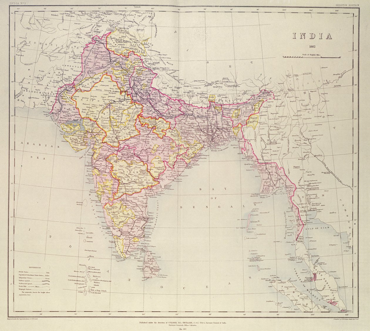 India térképe, H. R. Thuillier ezredes, R. E., India főfelmérője irányítása alatt jelent meg, 1882 alkotó: English School