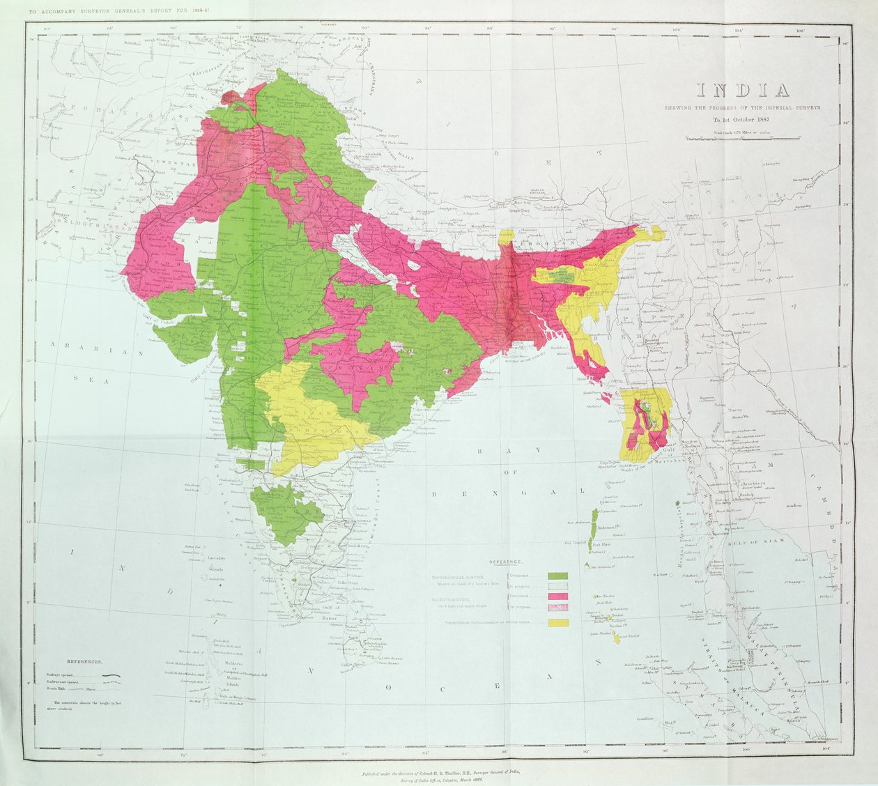 India térképe, amely a birodalmi felmérések előrehaladását mutatja, H. R. Thuillier, R. E. ezredes, India főfelmérője irányítása alatt, 1888. alkotó: English School