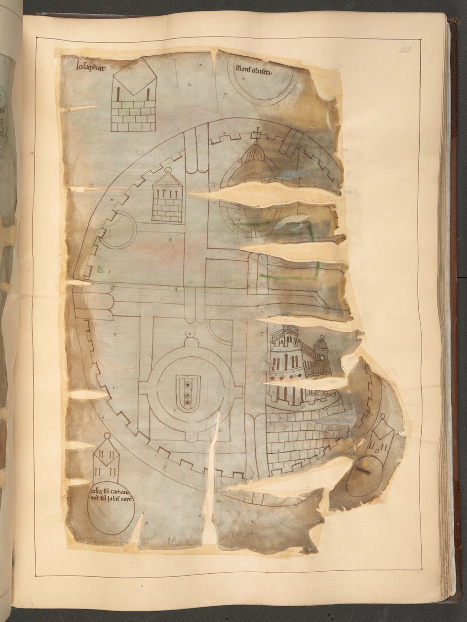 Jeruzsálem térképe a „Winchcombe Chronicle”-ból, MS Cotton Tiberius E. IV, fol.143r (vellum) alkotó: English School