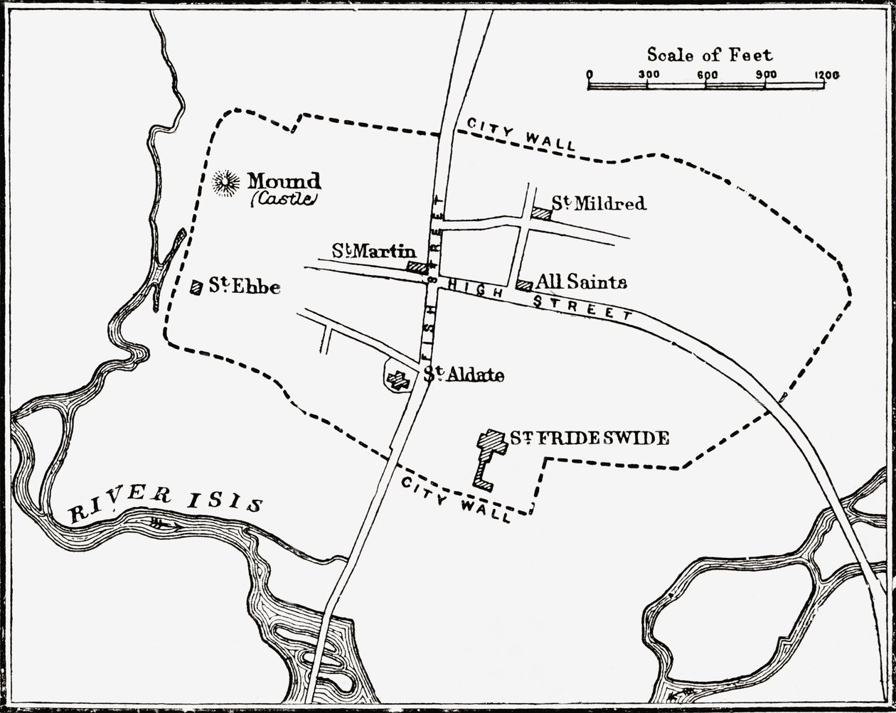 Oxford (Anglia) térképe, 12-13. század, J. R. Green „Az angol nép rövid története” című művéből, 1893-ban alkotó: English School
