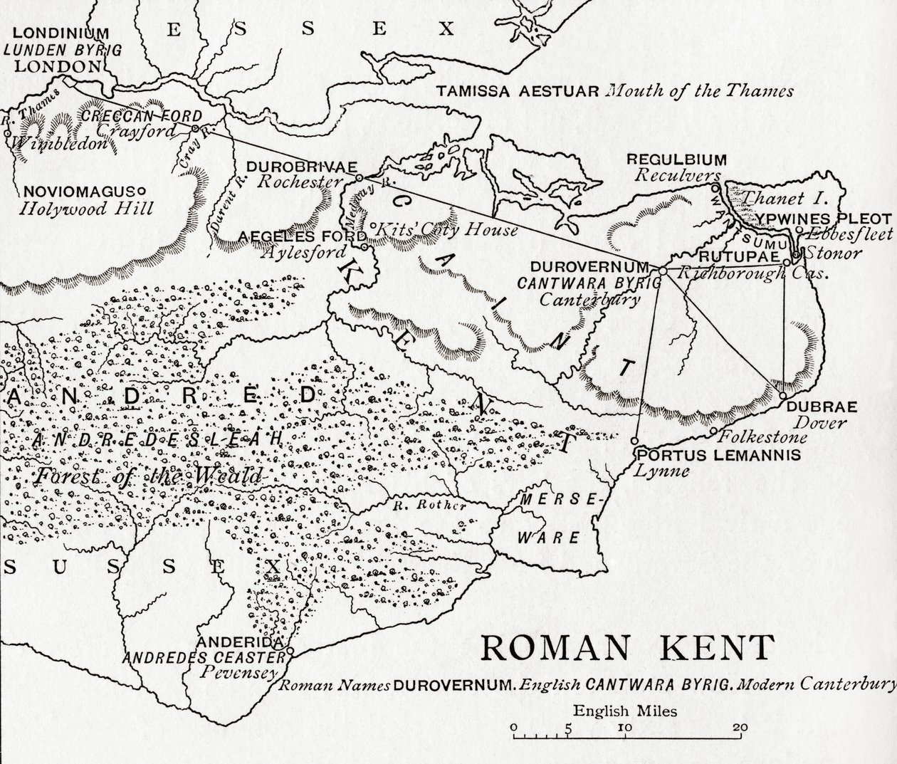 Az angliai Roman Kent térképe J. R. Green „Az angol nép rövid története” című művéből, 1893-ban alkotó: English School