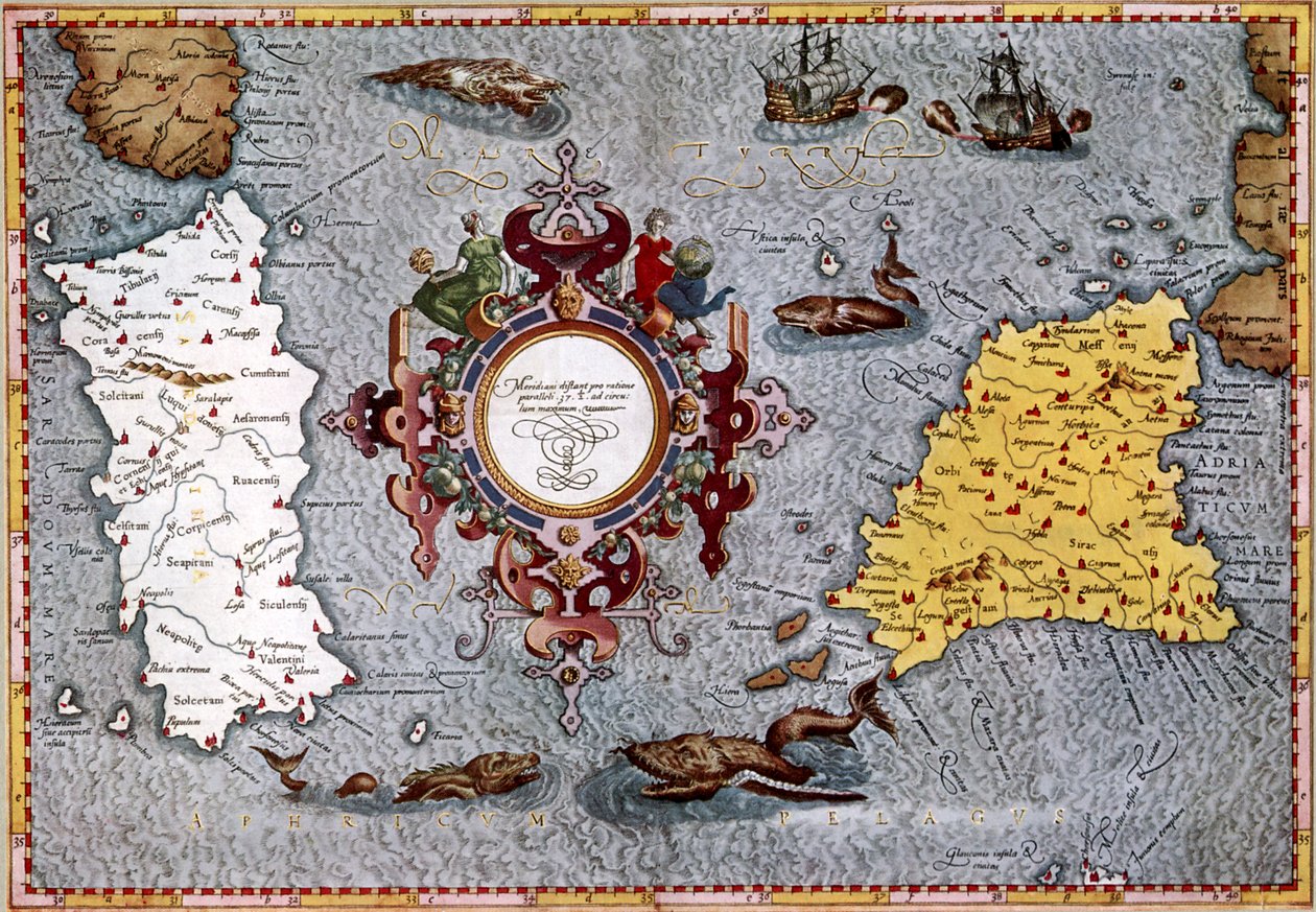 Szardínia és Szicília térképe, Ptolemaiosz "Geographica" című művében. alkotó: English School