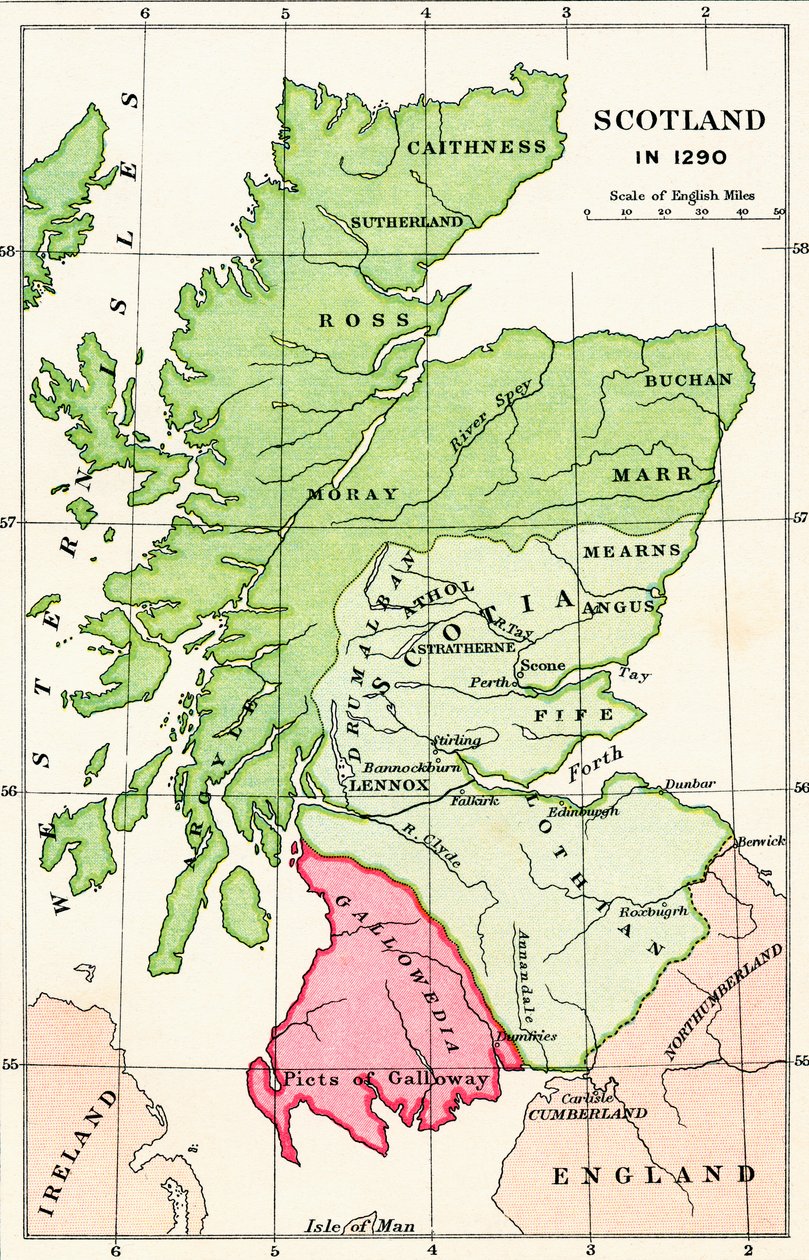 Skócia térképe 1290-ben, J. R. Green „Az angol nép rövid története” című művéből, 1893-ban alkotó: English School