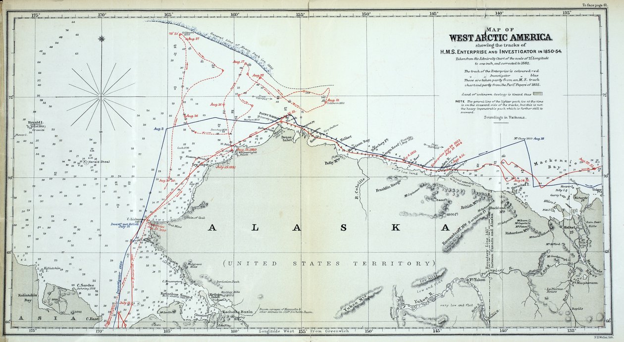 Amerika nyugati sarkvidéki térképe, amelyen a HMS Enterprise és az Investigator nyomai láthatók 1850-1854 között alkotó: English School
