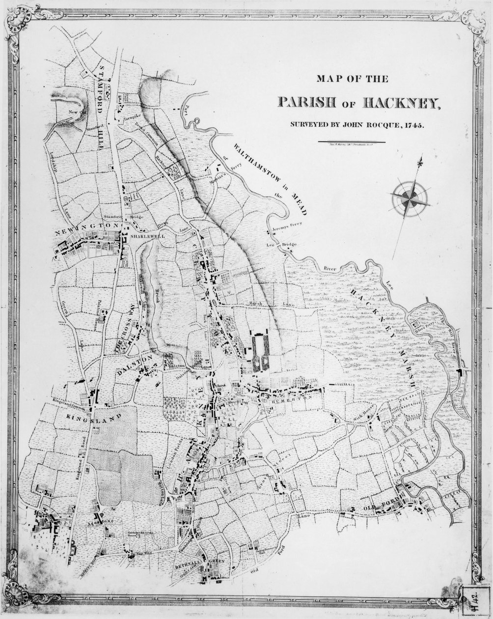 Hackney plébánia térképe, amelyet John Rocque (kb. 1709-1762) mért fel, 1745 alkotó: English School