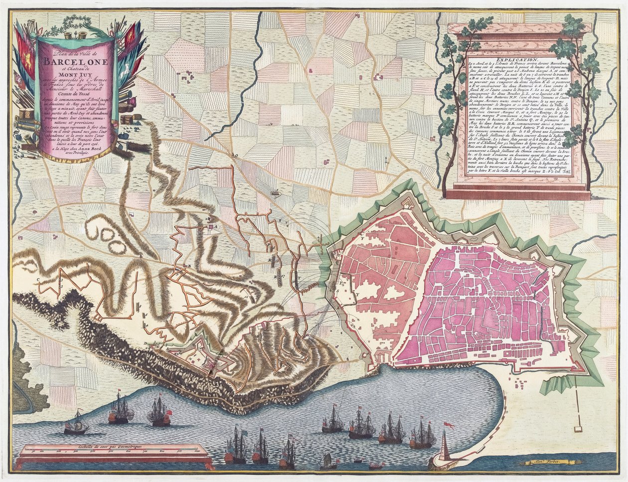 Barcelona 1706. áprilisi ostromának térképe (színes litográfia) alkotó: English School