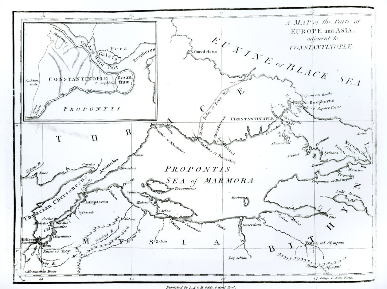 Európa és Ázsia Konstantinápoly melletti részeinek térképe, "A római birodalom hanyatlásának és bukásának története" 9. kötetből, Edward Gibbon, 1808 alkotó: English School