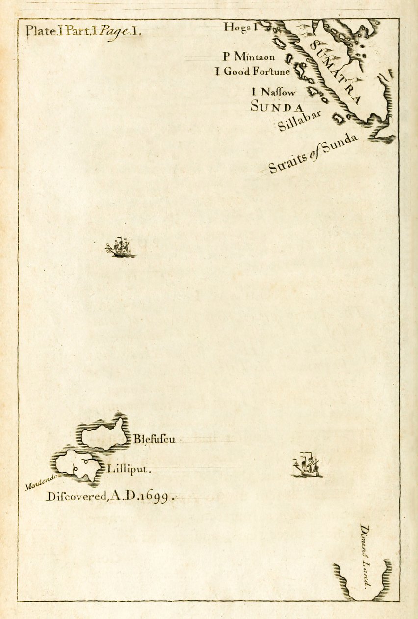 Jonathan Swift által ismertebb nevén Gullivers Travels (Jonathan Swift: Utazások a világ számos távoli nemzetébe című könyv első kiadásából) Lilliput helyét ábrázoló térkép alkotó: English School