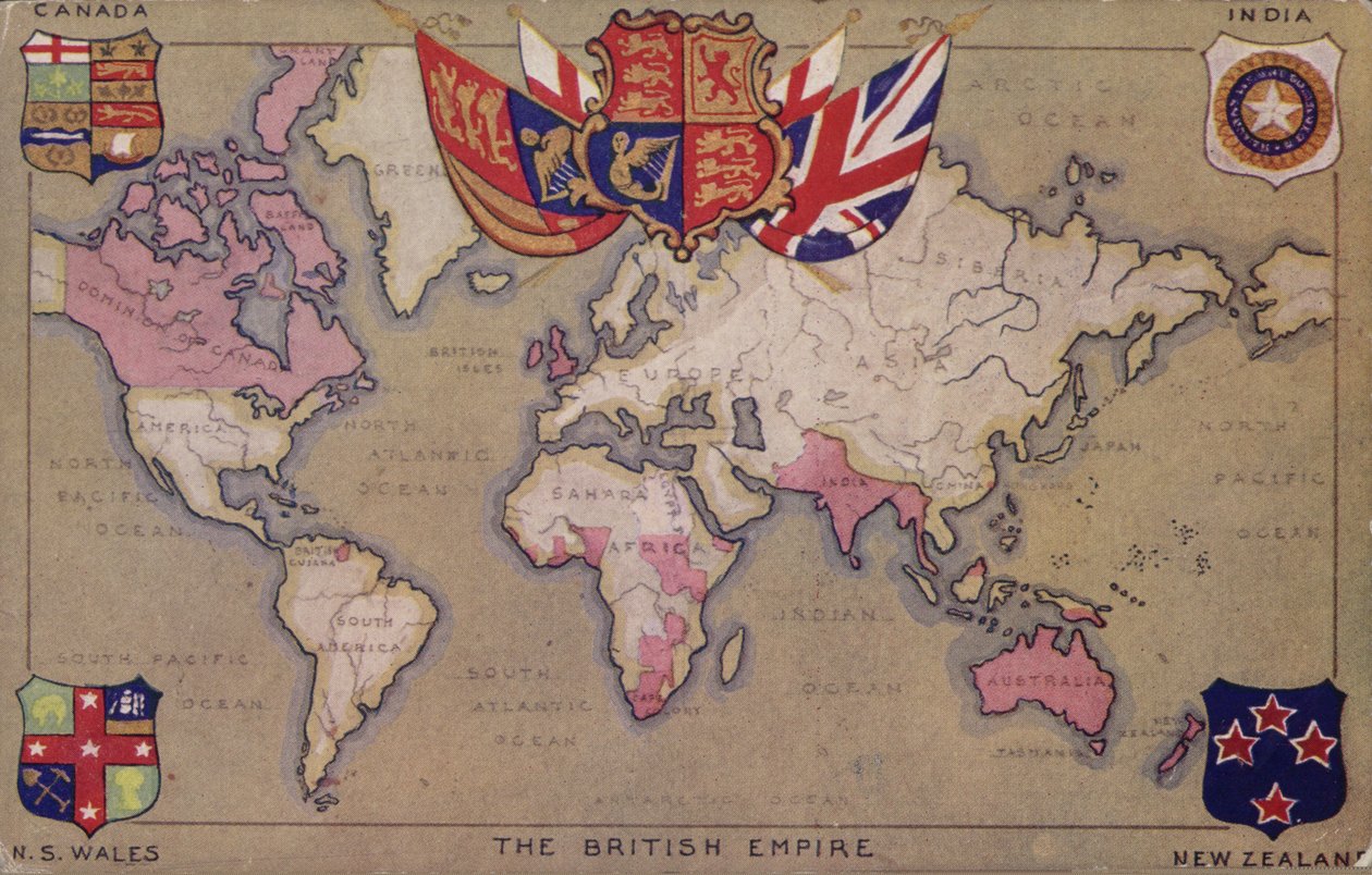 A Brit Birodalmat ábrázoló térkép zászlókkal és címerekkel (színes litográfia) alkotó: English School