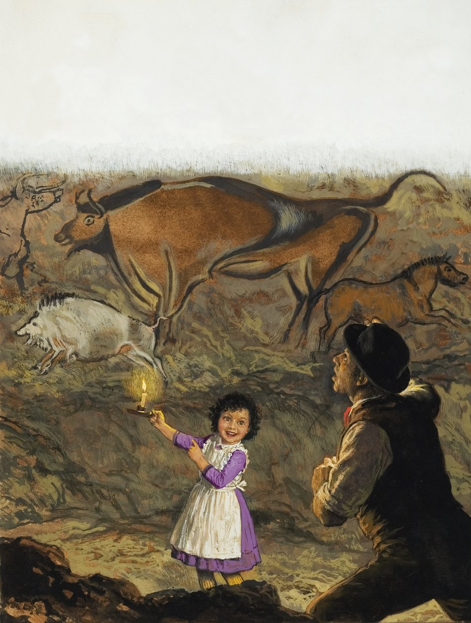 Marcelino Sanz de Sautuola (1831-88) és lánya, Maria felfedezik az altamirai barlangfestményeket (gouache, papír). alkotó: English School