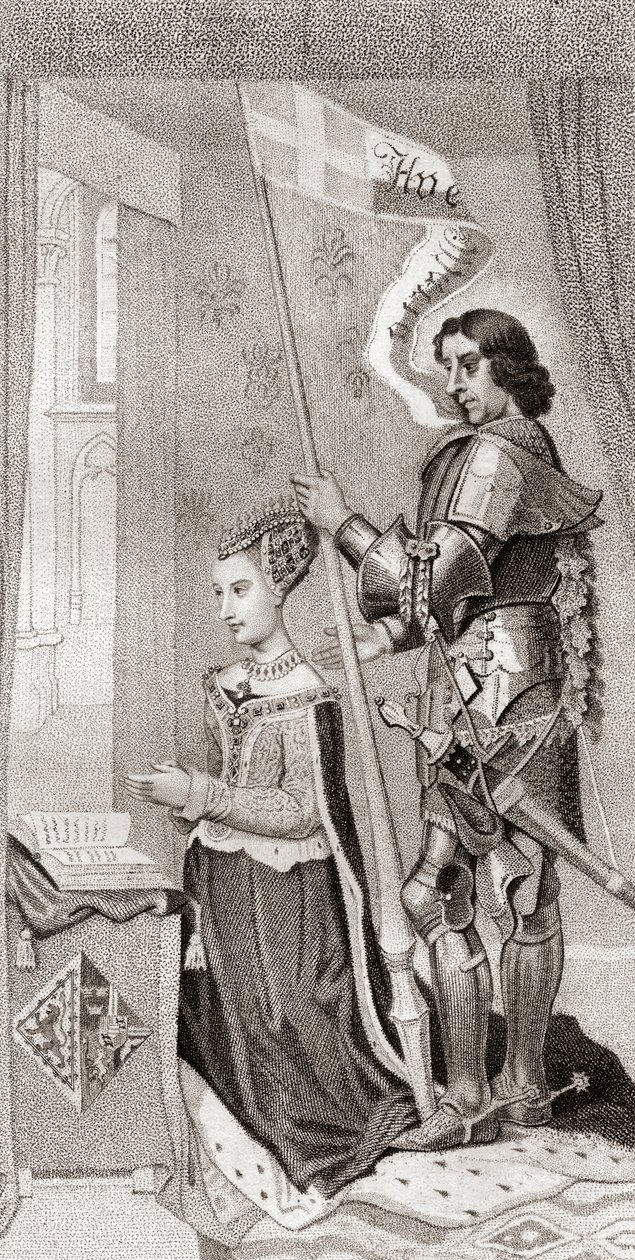 Dán Margit Dánia védőszentjével, Szent Kánuttal, mögötte a keresztes hadjáratok keresztjét ábrázoló transzparenst tart. Dán Margit alkotó: English School