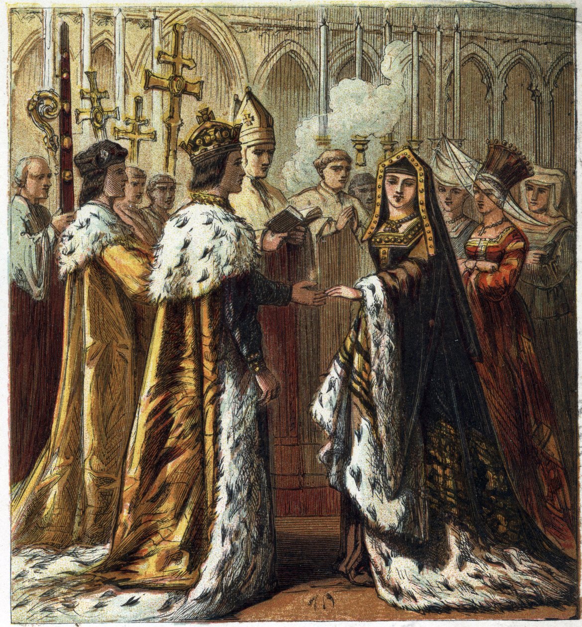 VII. Henrik angol király (1457-1509) házassága York-i Erzsébettel (1466-1503) 1486. január 18-án. Hetedik Henrik és Yorki Erzsébet házassága. kromolitográfiát a George Routledge & Sons által kiadott „” Pictures of English History”-ban.1890. Privee alkotó: English School
