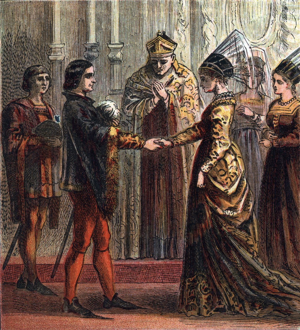 V. Henrik angol király (1387-1422) házassága Katalin de Valois-val (1401-1437) 1420-ban. „V. Henrik házassága”, 1420. Henrik feleségül vette Katalint, a francia király lányát. alkotó: English School