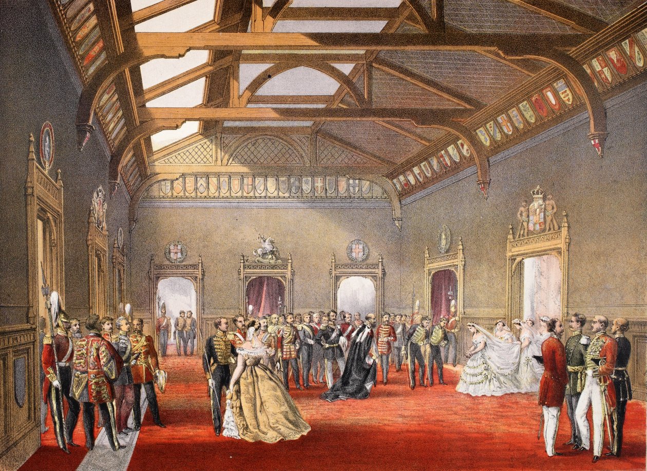 A menyasszony menetének rendezése az ideiglenes apartmanok központi csarnokában, VII. Edward és a dán Alexandra házasságának emlékműve, pub. 1864 alkotó: English School