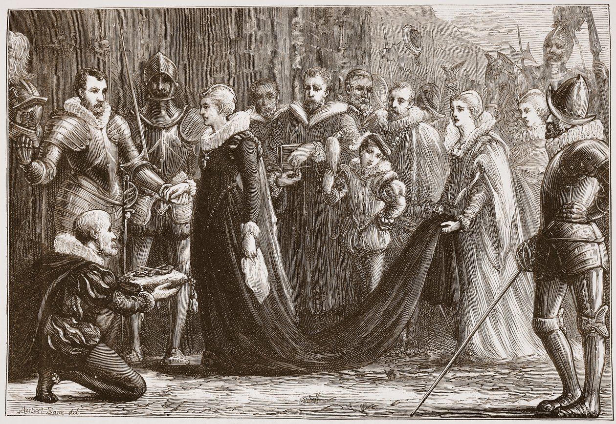 Mária skót királynő belép Holyroodba, illusztráció: James Aitken Wylie (1808-1890) A protestantizmus története című könyvéből, pub. 1878 alkotó: English School