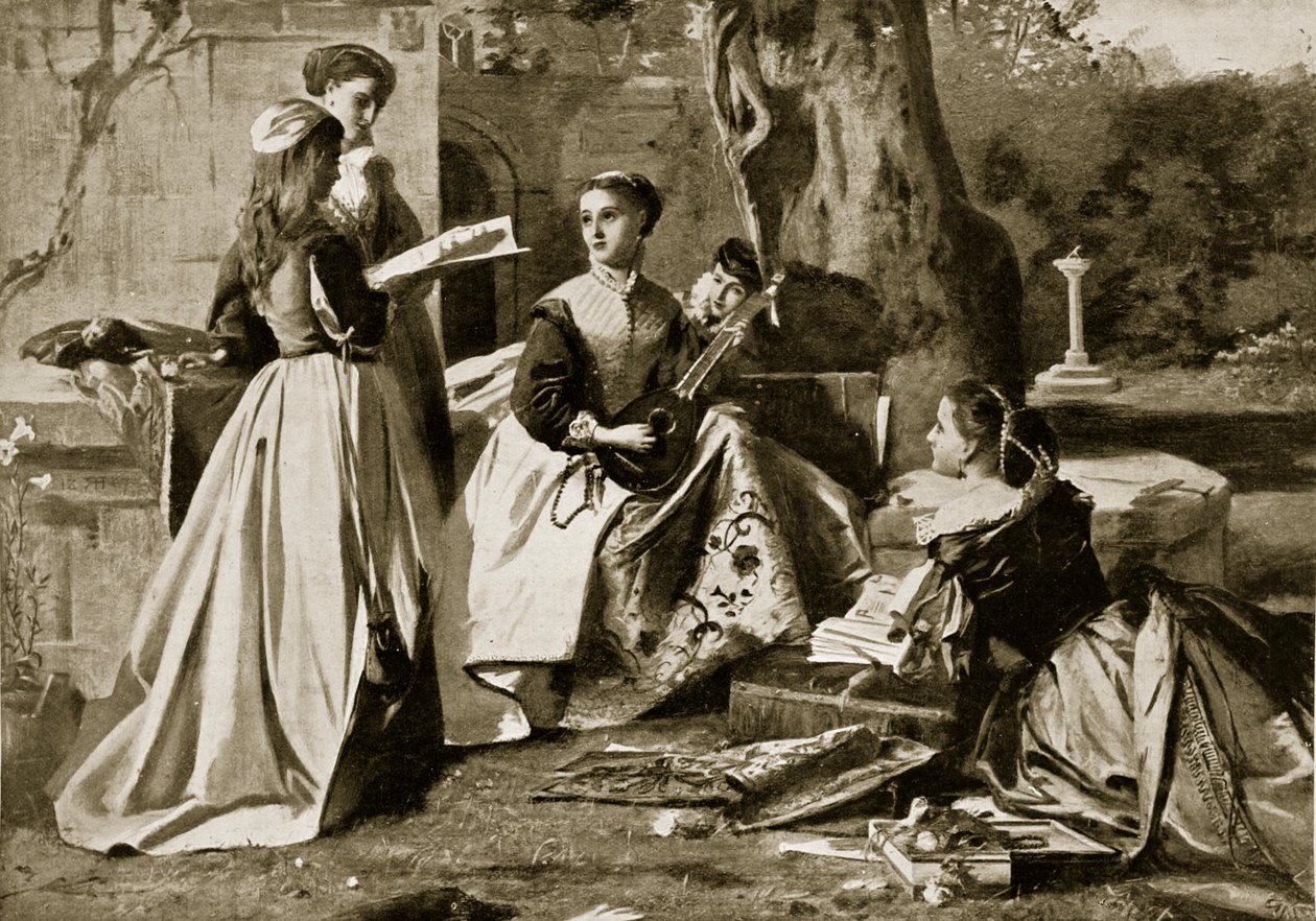 Mária skót királynő egy kolostor kertjében, illusztráció a Hutchinsons Story of the British Nationből, 1923 körül alkotó: English School