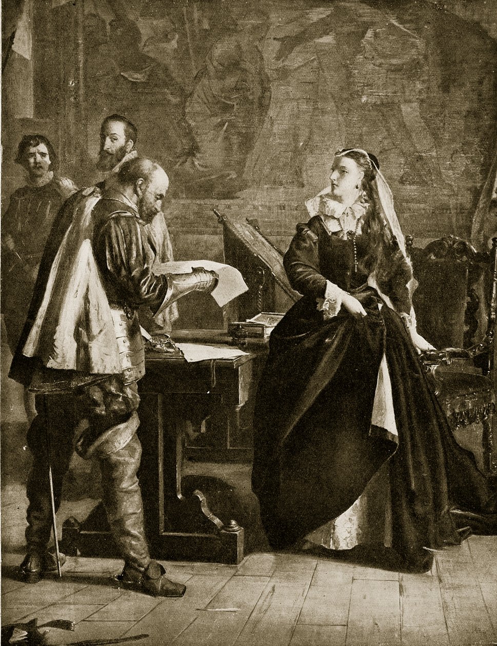 Mária skót királynő aláírja trónról való lemondását, 1567. július, illusztráció a Hutchinsons Story of the British Nationből, 1923 körül alkotó: English School