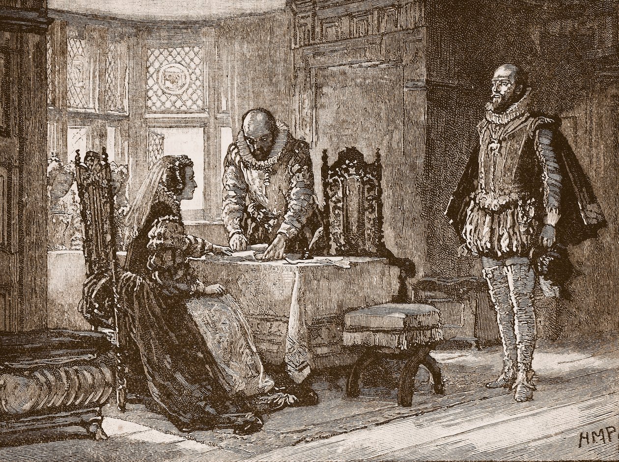 Mary aláírja a lemondó okiratot a Lochleven kastélyban, illusztráció a Cassells Illustrated History of Englandből (szépia fotó) alkotó: English School