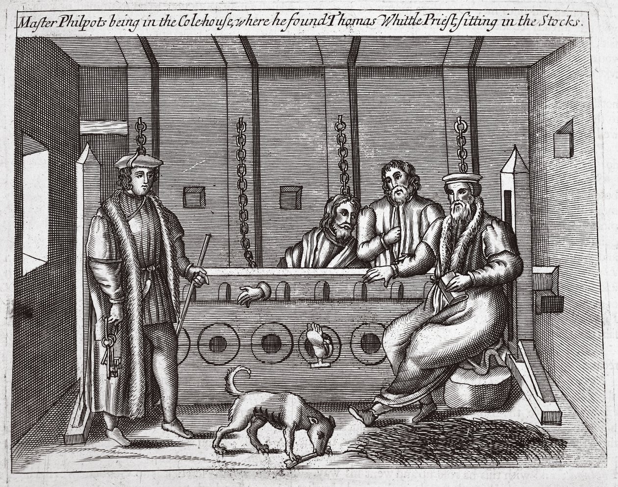 Philpots mester a Colehouse-ban volt, ahol Thomas Whittle papot találta a készletben ülve, illusztrációja John Foxe Cselekedetei és emlékművéből, kilencedik kiadás, kocsma. 1684 alkotó: English School