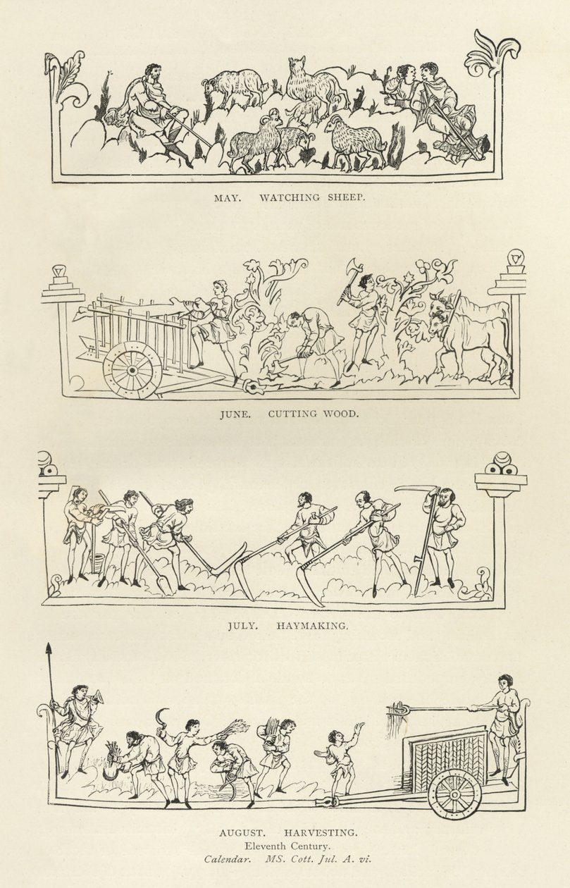 Május, június, július és augusztus, a Julius-naptárból és az énekeskönyvből, illusztráció az angol nép története című könyvből alkotó: English School