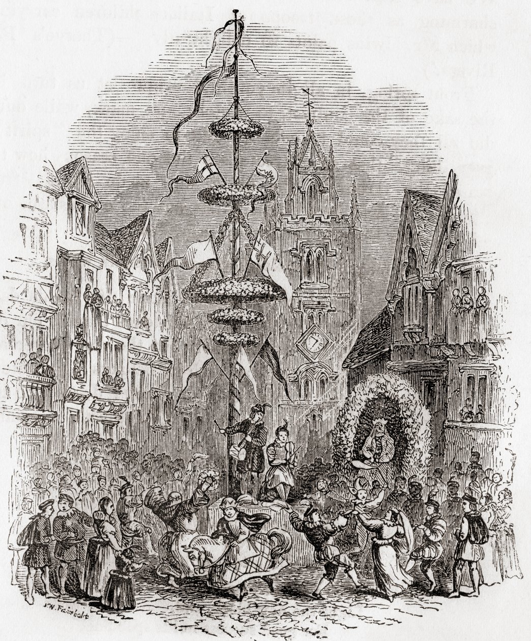 Májusfa tánc a St Andrew Undershaft templom előtt, London, Anglia a 19. században, a Régi Angliából: A Pictorial Museum, pub. 1847 alkotó: English School