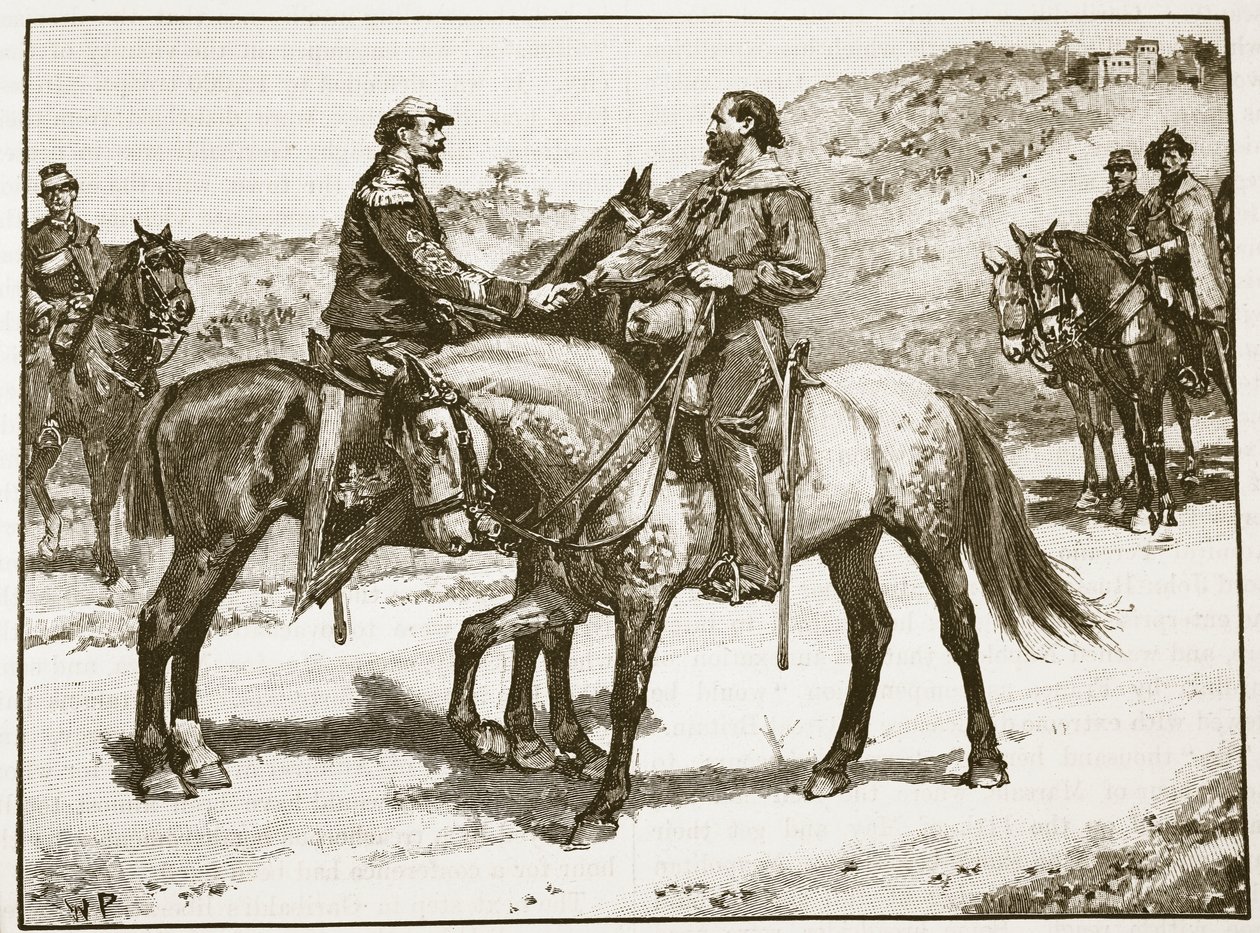 Garibaldi és Victor Emmanuel találkozása, a Cassells Illustrated History of England illusztrációja (szépia fotó) alkotó: English School