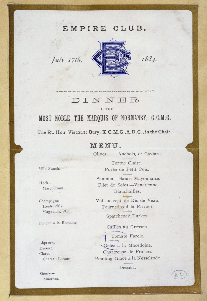 Menü az Empire Clubból, 1884. március 17 alkotó: English School
