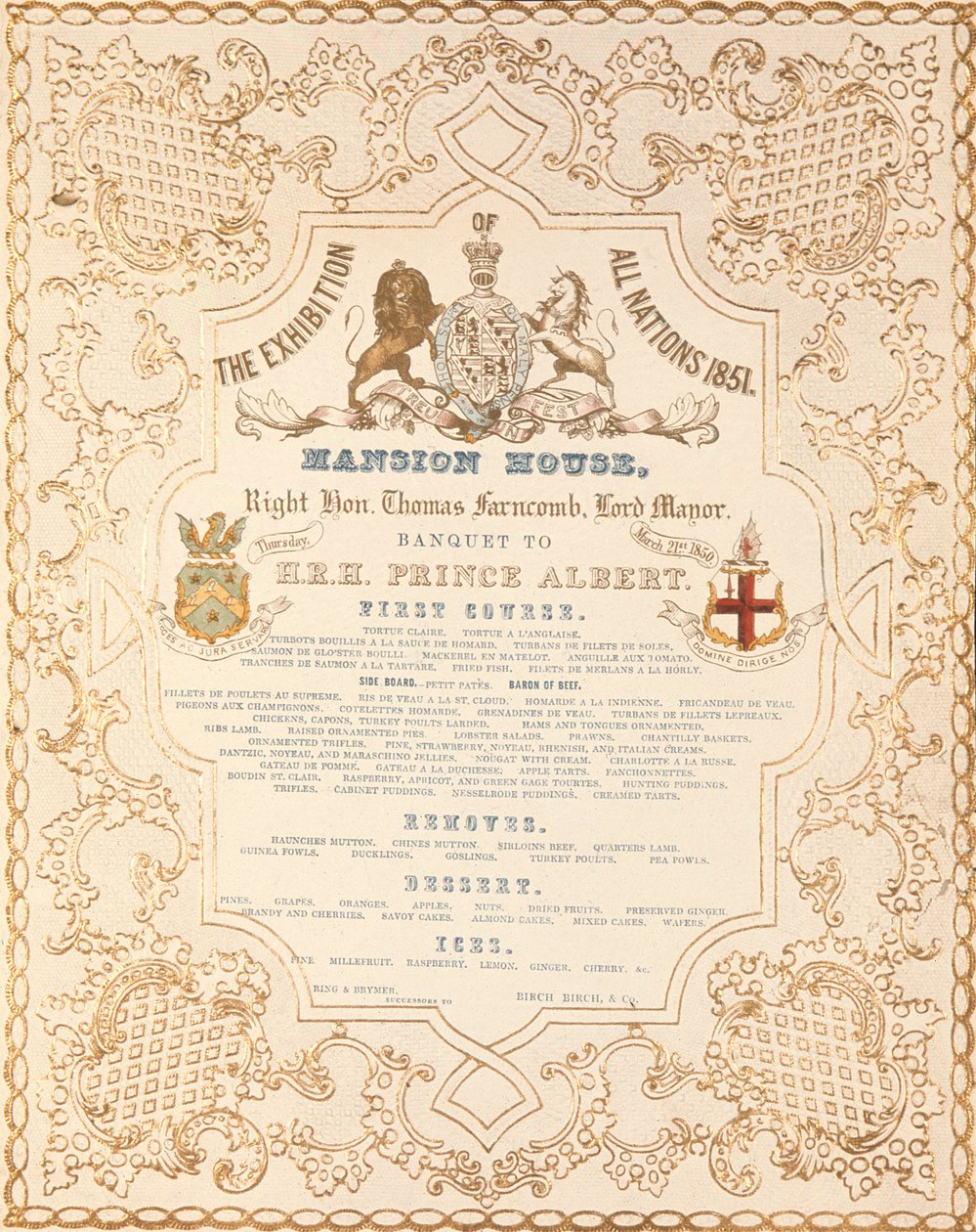 Étlap Albert herceg számára a Mansion House-ban, a Minden Nemzetek Nagy Kiállítása alkalmából, London, 1851 alkotó: English School