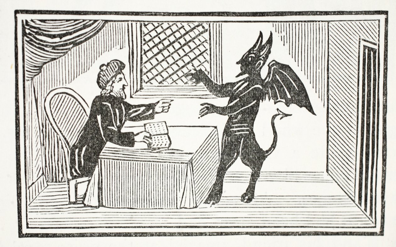 Mephistopheles a Doktorok házába érkezik, illusztrációja a Chap-books of the Eightenth Century, John Ashton, kocsma. 1882 alkotó: English School