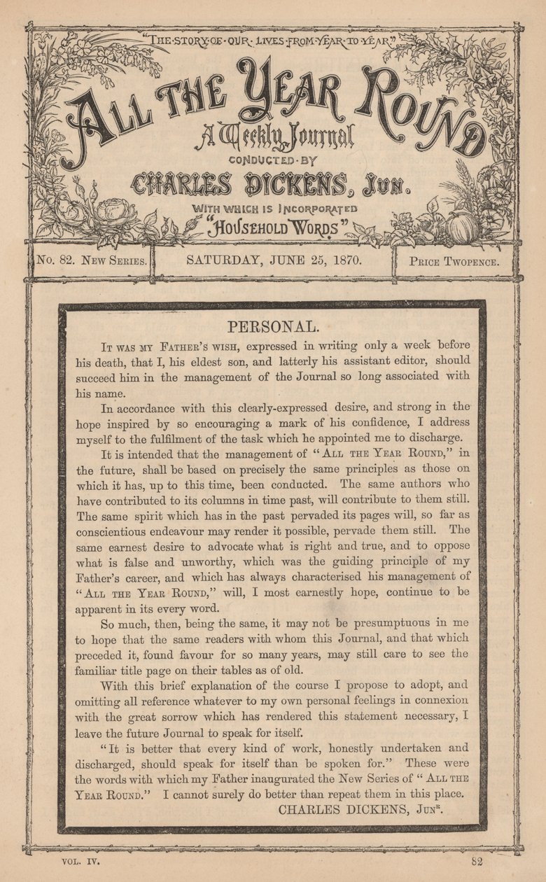 Ifjabb Charles Dickens üzenete az All The Year Round című hetilapban, apja halála után alkotó: English School