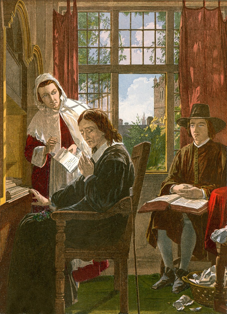 Milton diktálja a "Sámson Agonisztest" (színes metszet) alkotó: English School