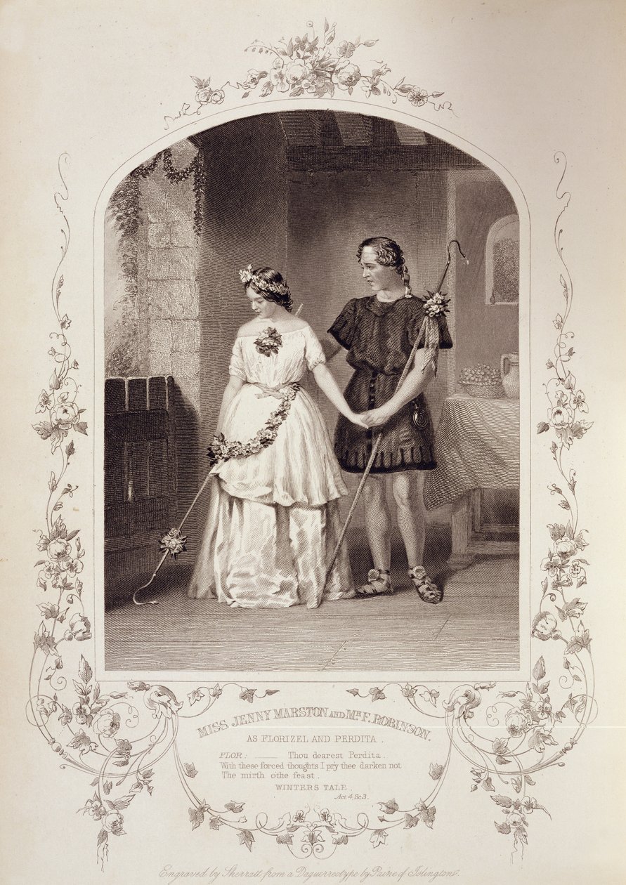 Miss Jenny Marston mint Perdita és Mr. F. Robinson mint Florizel, IV. felvonás 3. jelenet, William Shakespeare (1564-1616) The Winters Tale című filmjében, amelyet Thomas Sherratt (fl.1860-80) vésett Pa dagerrotípiájából alkotó: English School