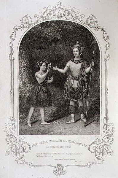 Miss Julia Harland és Miss Conquest mint Oberon és Puck, „A Szentivánéji álom” II. felvonása, 2. jelenete, Paine of Islington dagerrotípiájából, J. Moore metszete, pub. szerző: John Tallis & Co. (litho) alkotó: English School