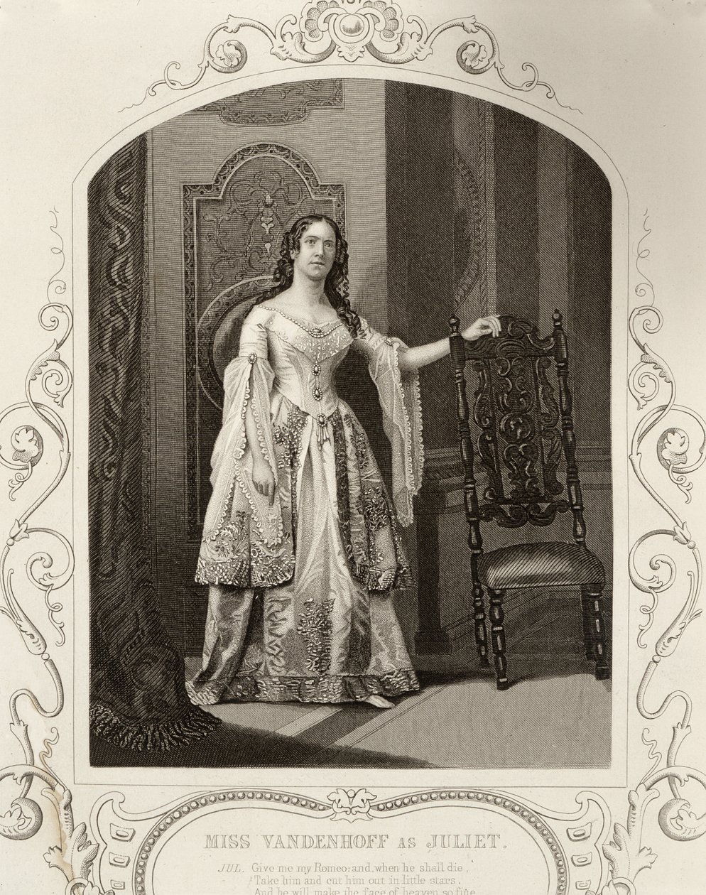 Miss Vandenhoff Júliaként, Rómeó és Júlia III. felvonása 1. jelenete, egy dagerrotípiából, kocsmából. szerző: John Tallis & Co. alkotó: English School