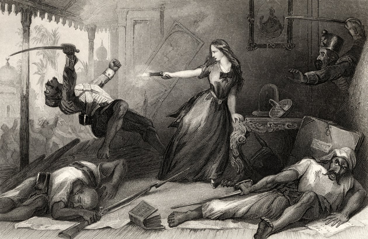Miss Wheeler védekezett Sepoys ellen 1857-ben Cawnpore-ban, az 1858-ban megjelent „The History of the Indian Mutiny” című művéből (metszet) alkotó: English School