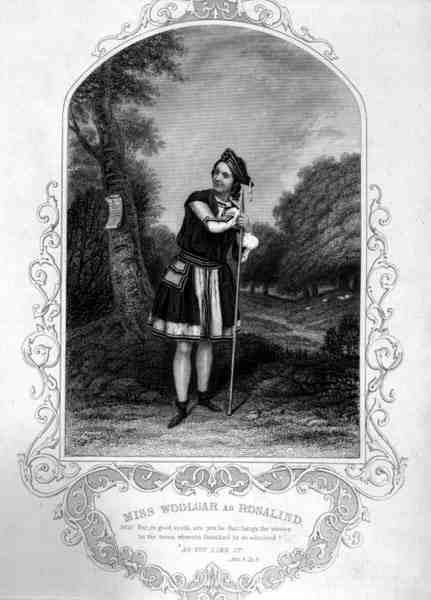 Miss Woolgar mint Rosalind, III. felvonás, 2. jelenet, William Shakespeare (1564-1616), Ahogy tetszik című művében (metszet). alkotó: English School