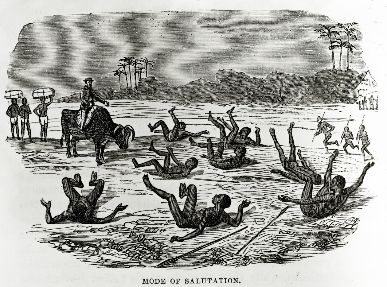 Üdvözlet mód, illusztráció a „Nagy afrikai utazók, a Mungo Parktól Livingstone-ig és Stanley-ig” William H. G. Kingstone regényéből, amely először 1874-ben jelent meg. alkotó: English School