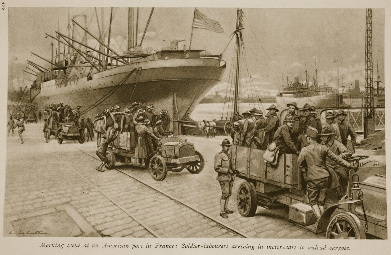 Reggeli jelenet egy franciaországi amerikai kikötőben: Katonamunkások autókon érkeznek rakományt kirakni, 1914-1919 alkotó: English School