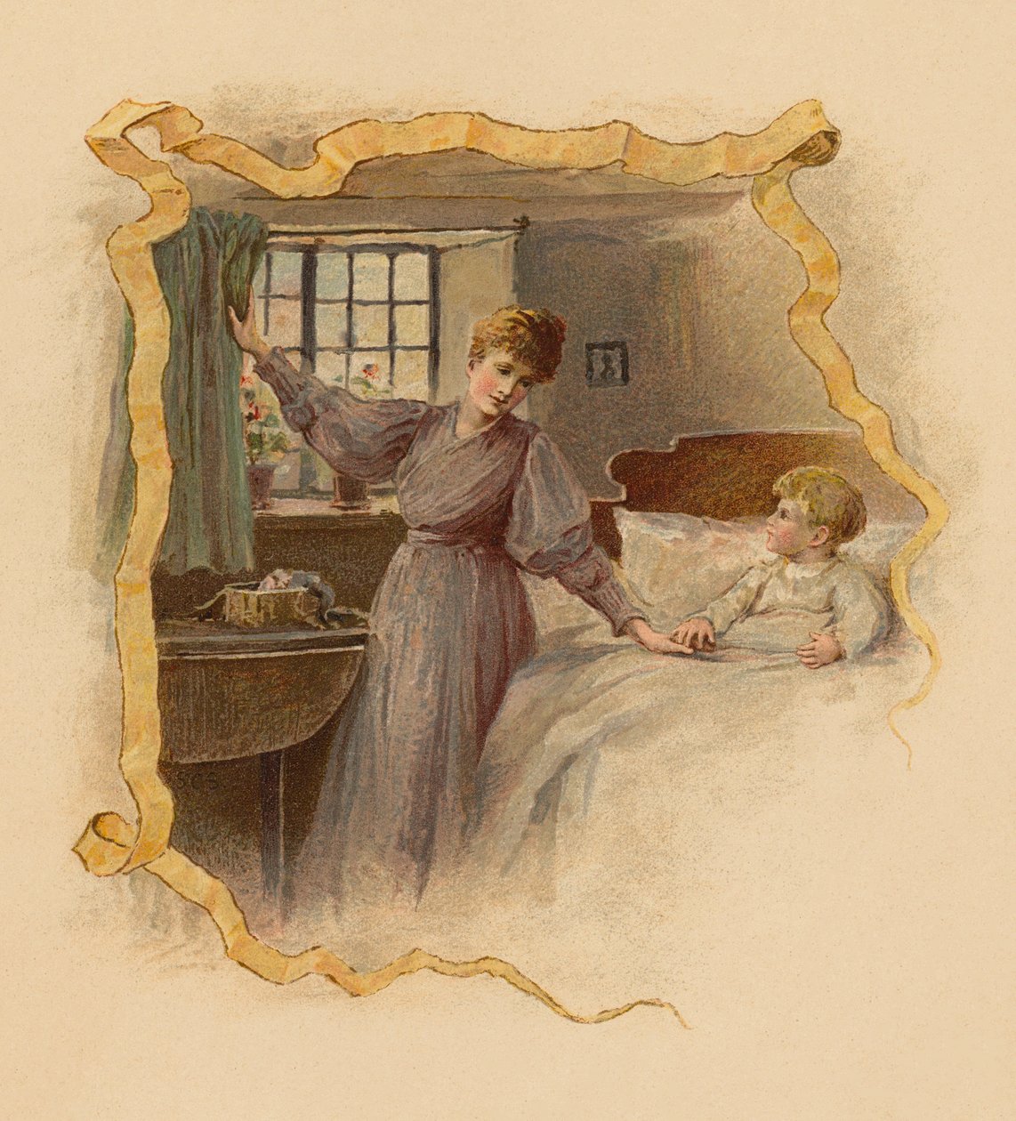 Anya ébreszti fiát reggel (kromolito) alkotó: English School