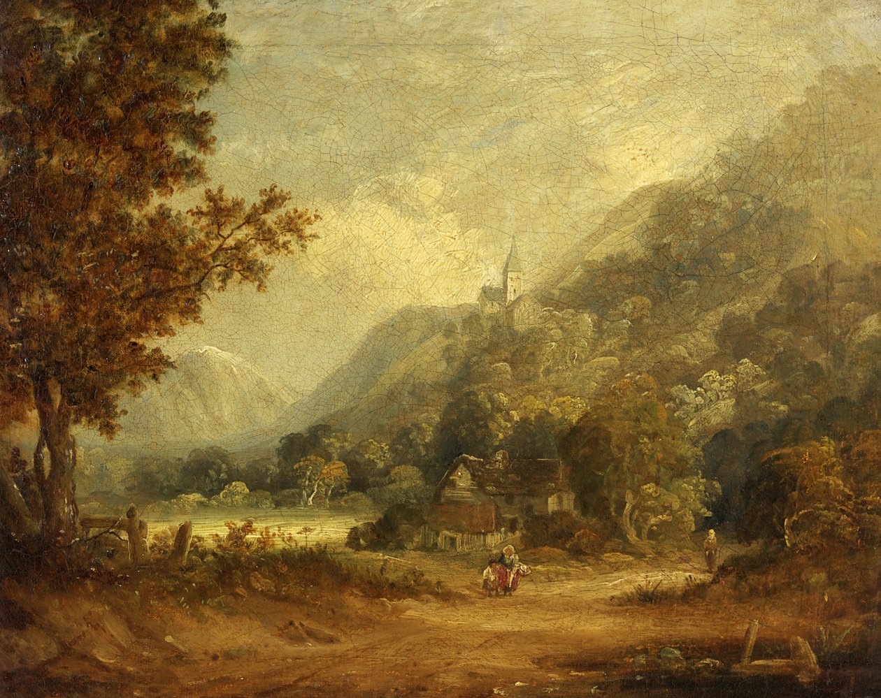 Hegyi jelenet templommal és farmgal (olaj, vászon) alkotó: English School