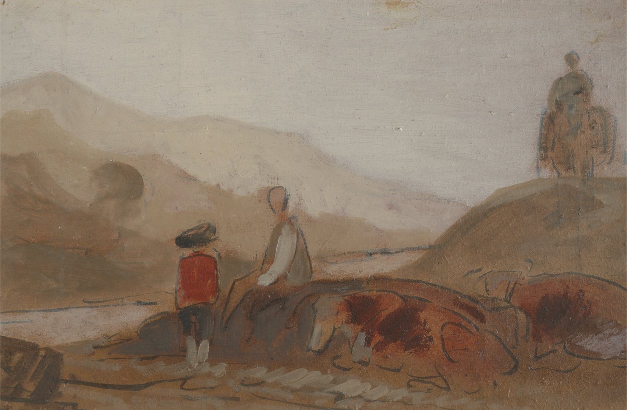 Hegyvidéki táj alakkal a tó mellett (Egy ember, aki a tó mellett ül hegyekben), korábban J.M.W. Turner (1775-1851) és Peter de Wintnek (1784-1849) is tulajdonították, 1825-1830 (olaj alkotó: English School