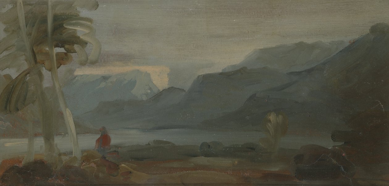 Hegyvidéki táj alakokkal és szarvasmarhákkal, korábban J.M.W. Turner (1775-1851) és Peter de Wint (1784-1849) is, 1806-07 (olaj, papír) alkotó: English School